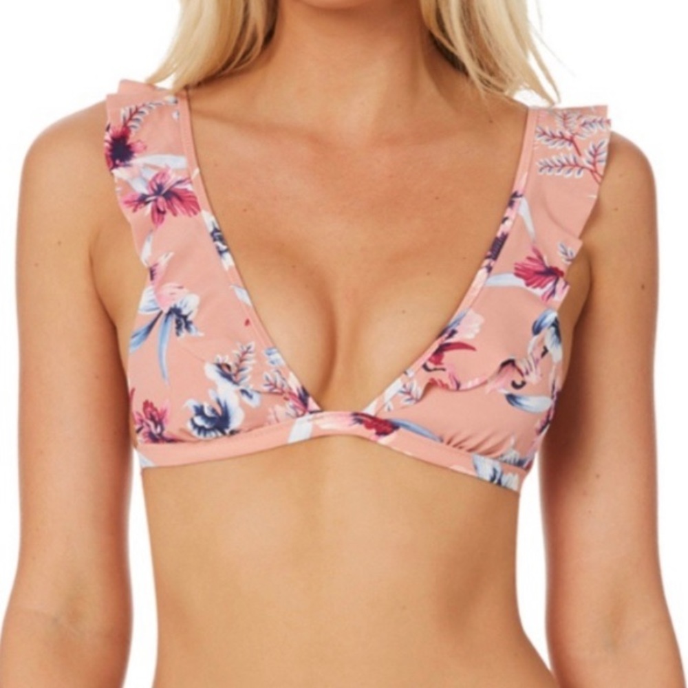 Tori Praver Floral Bathing Suit Top Adriana Bali Pink Ruffles Large